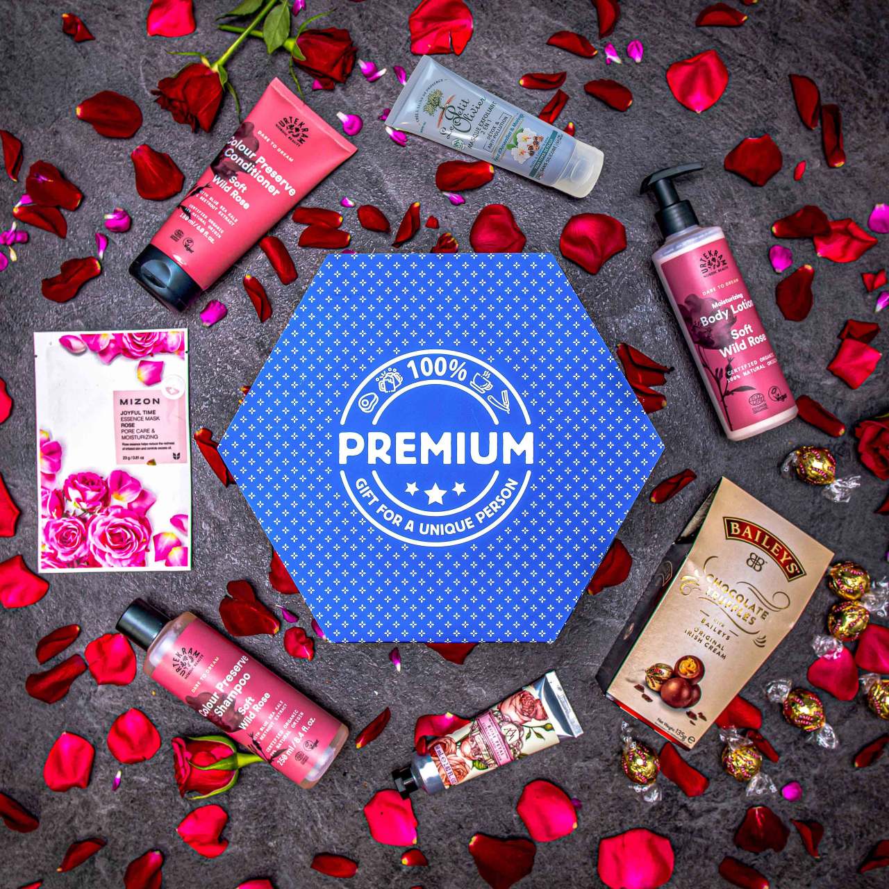 Giftboxeo plné kvalitní kosmetiky Růže a Mandlový květ - Modré