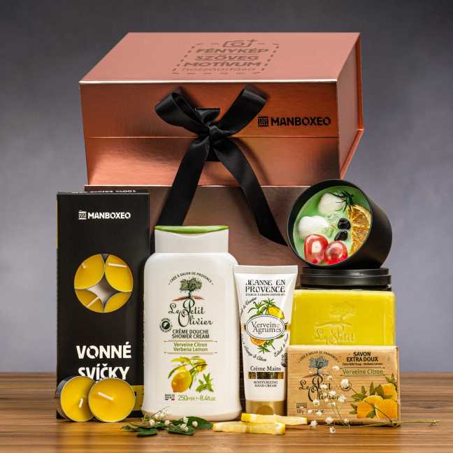 Giftboxeo ajándékdoboz (rózsaarany) – Citrus és verbéna kozmetikumokkal
