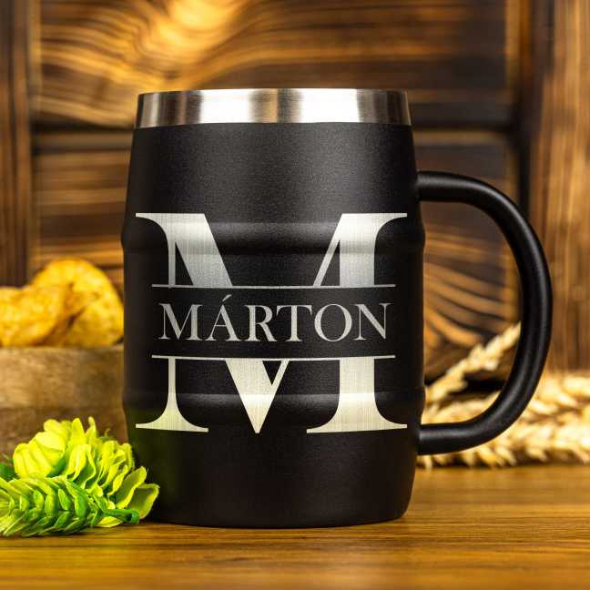 Fekete rozsdamentes acél söröskorsó gravírozással