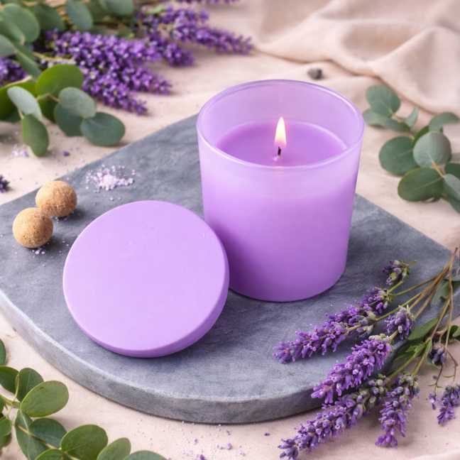 Lila illatgyertya dobozban 130 g – LEVENDULA & EUKALIPTUSZ
